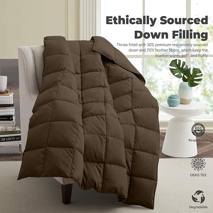 Soft Lightweight Down Blanket for Bed Sofa Couch Indoor and Outdoor Use, Warm and Fluffy Throw Blanket, Brown, Queen Size (90"X88")