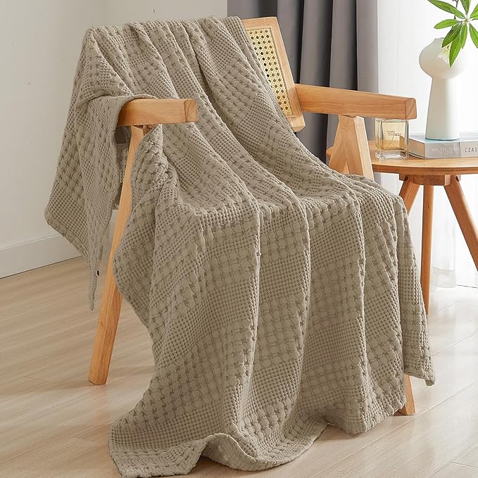 PHF 100% Cotton Waffle Weave Throw Blanket, Soft Lightweight Breathable Cozy Summer Throws for Couch Bed Sofa, Luxury Aesthetic Woven Blanket for Home Decor & Office, 50"x60", Simply Taupe