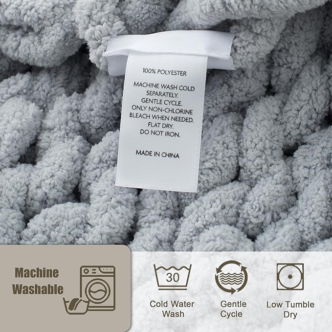 Chunky Knit Throw Blanket 60"X 80", 100% Handmade with Soft Chenille Yarn, 4.4lbs Thick Cable Knitted Blankets, Large Rope Knot Crochet Throws for Couch Sofa Bed Home Decor, Light Grey