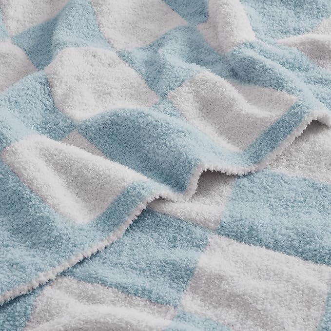 JOOJA Soft Cozy Checkerboard Blue Blanket - Fluffy Knit Throw for Couch - Plaid Checkered - 50x60 in