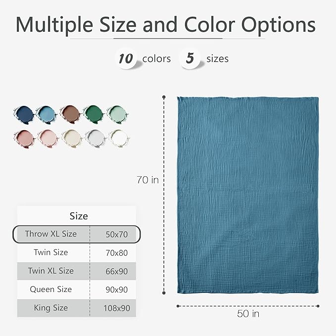 Carriediosa 100% Cotton Muslin Throw Blanket 50" X 70" Throw XL Size,4-Layers Summer Gauze Throws for Bed Couch,Soft Lightweight Breathable Linen Blankets Bedspread for Adults All Season,Dusty Blue