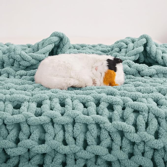 Knit Blanket 50"x60" Aqua Blue Cream Soft Washable Chenille Throw Blanket Cozy 100% Handmade Crochet Blankets with Jumbo Chenille Yarn for Couch Bed Sofa Room Decor