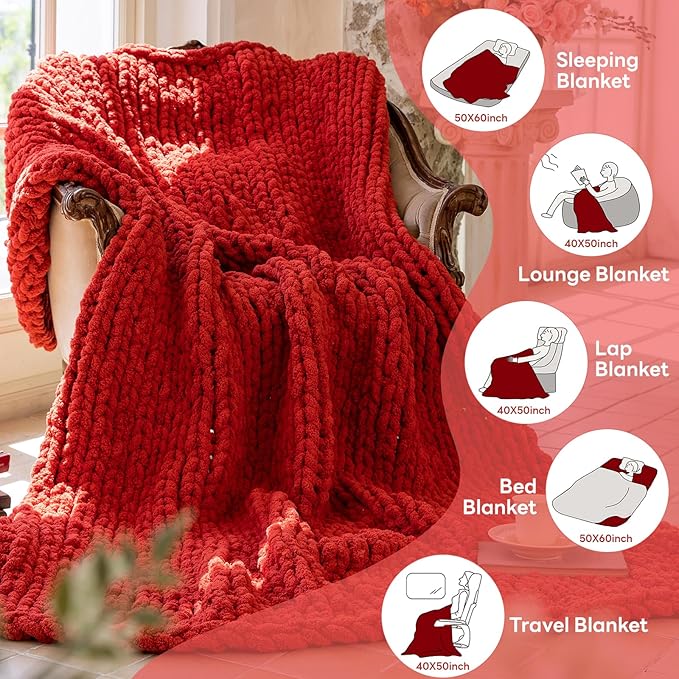 Chunky Knit Blanket - Luxury Soft Cozy Queen Size(50 * 60) Throw Blanket,100% Woven Blanket Rope Knot Throw Blanket for Couch, Sofa, Home Decor, Gift - Machine Washable(Wine red)
