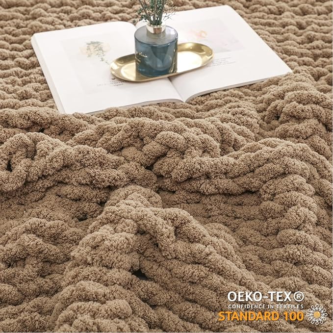 WESHIONGOO Chunky Knit Blanket Throw 50"×60" Knitted Throw Blankets for Couch Bed Fluffy Soft Blanket with Jumbo Chenille Yarn Thick 100% Handmade (Brown)