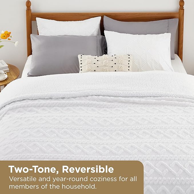 Bedsure Sherpa King Size Blanket for Bed- Fleece Soft Cozy Fuzzy Cable Blankets for Women, Thick Warm for Winter and All Seasons, White, 108x90 Inches