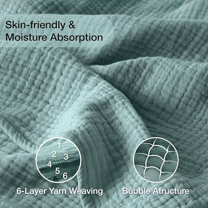100% Cotton Muslin Blanket King 108" x 90", 6 Layers Breathable and Lightweight Cotton Throw Blanket for Bed, Soft Quilt Bedspread Coverlet, Gauze Blanket for Adults All Season, Teal