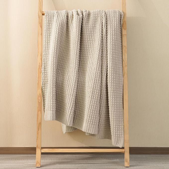PHF Chenille Waffle Knit Throw Blanket- Plush Warm & Cozy 50" x 60" Ultra Soft Blanket- Chunky Fluffy Waffle Throws for Couch Bed Sofa - Natural