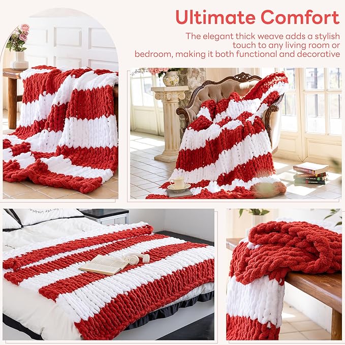 Chunky Knit Blanket - Luxury Soft Cozy Queen Size(50 * 60) Throw Blanket,100% Woven Blanket Rope Knot Throw Blanket for Couch, Sofa, Home Decor, Gift - Machine Washable(White/Wine red)