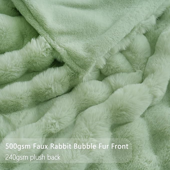 Bedbay Rabbit Faux Fur Bubble Blanket,Sage Green Fux Throw Blanket,Luxury Faux Fur Fluffy Throw Blanket,Super Soft Comfy Bed Sofa Blanket,Warm Thick Fuzzy Plush Throws for Winter-60 x80,Green