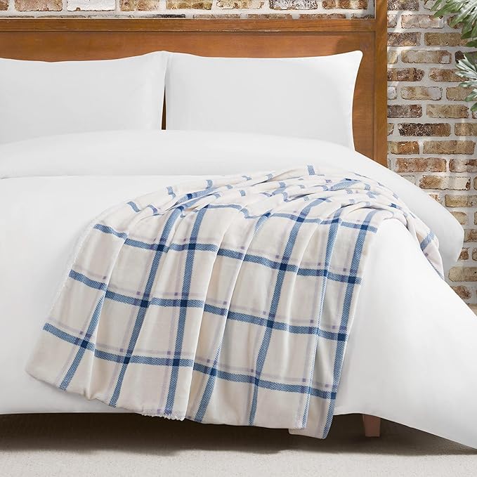 Lucky Brand Sherpa Plaid Lilac/Blue 50"X70" Cozy Plush Blanket - Premium Microfiber Throw for Luxurious Comfort and Style