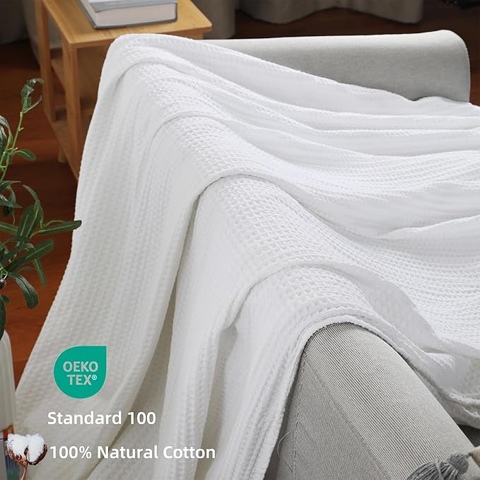 100% Cotton Waffle Blanket (White - Queen Size - 90 * 90''), Pre-Washed and Anti-Shrinkage Soft Lightweight Bed & Couch Blanket, 380 GSM Waffle Weave Throw Blanket for All Seasons