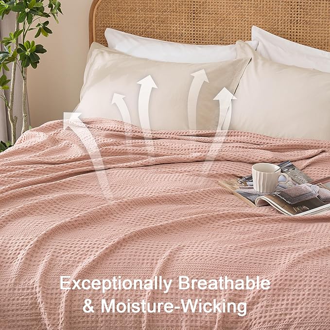 PHF Lightweight Waffle Weave Blanket Queen Size, Breathable & Ultra Soft, 90"x 90" Soft & Cozy Thin Blanket, Perfect for Summer & Hot Sleepers, Bed, Home Decor - Rose Pink