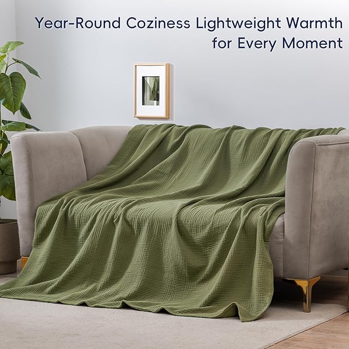 PHF 100% Cotton Muslin Blanket Twin Size 66" x 90", 4-Layer Lightweight and Breathable Blanket for Summer, Luxuriously Soft Gauze Bedding for Bed, Natural Minimalism Style, Ideal Gift, Olive Green