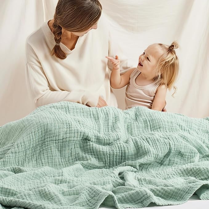 Carriediosa 100% Cotton Muslin Throw Blanket 66" X 90" Twin XL Size,4-Layers Summer Gauze Throws for Bed Couch,Soft Lightweight Breathable Linen Blankets Bedspread for Adults All Season,Sage Green