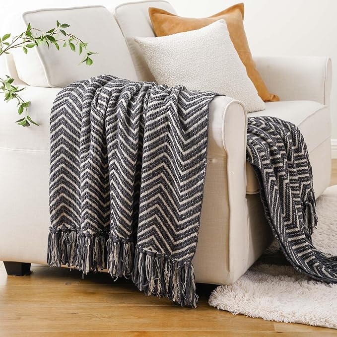 BATTILO HOME Grey Throw Blanket for Couch, Decorative Knit Grey Blanket for Bed, Super Soft Warm Grey Throws for Room Farmhouse Accent Decor, 50"x60"