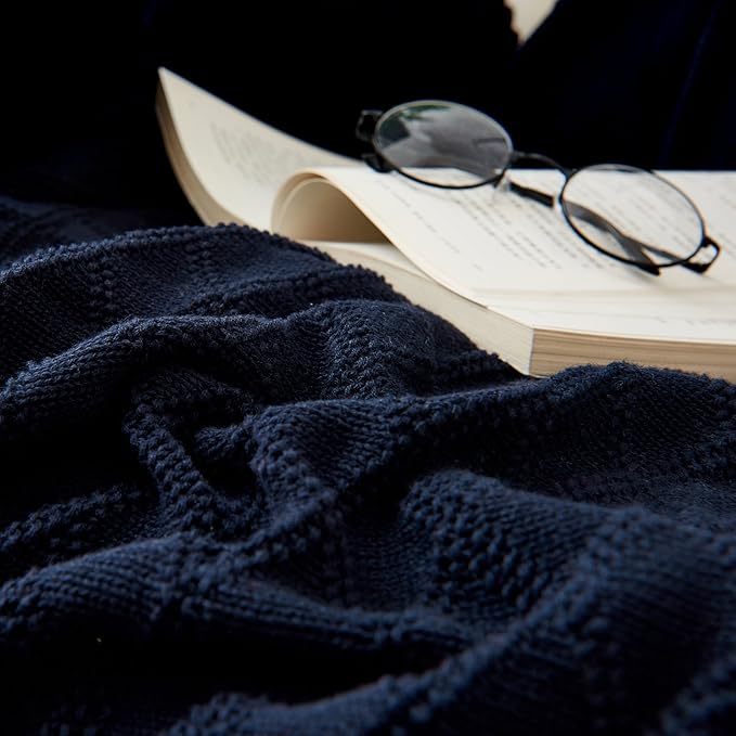 100% Cotton Navy Blue Cable Knit Throw Blanket with Bonus Laundering Bag - Large Thick, 2.5 Pounds,Extra Cozy, Machine Washable, Comfortable Home Decor (Navy X pattern, 50"x60")