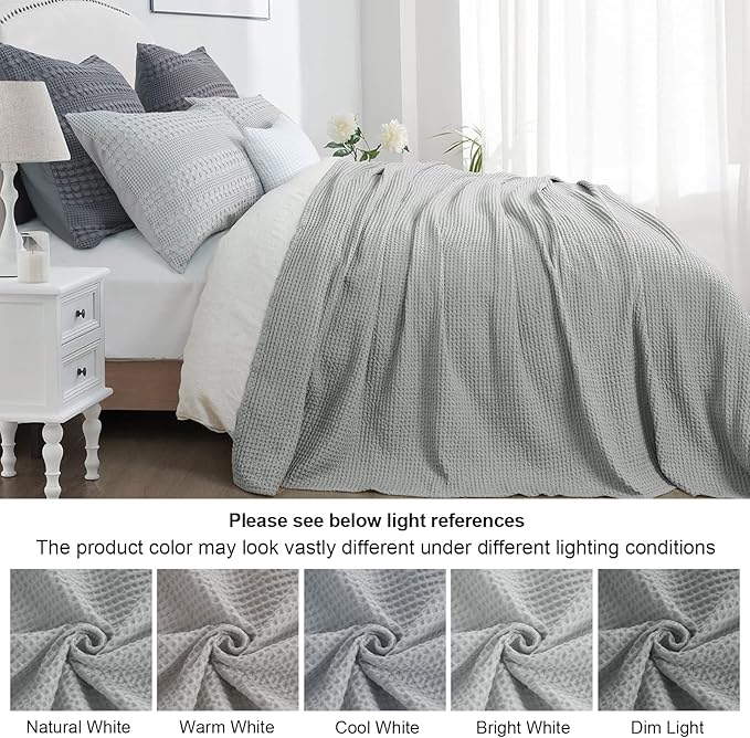 PHF Pre-Washed Cotton Waffle Weave Blanket King Size for Bed,Snag Proof Throw Blanket for Couch Spring Summer Lightweight Breathable,Oeko-TEX Certified,Machine Washable,Home Decor Gift,Light Grey