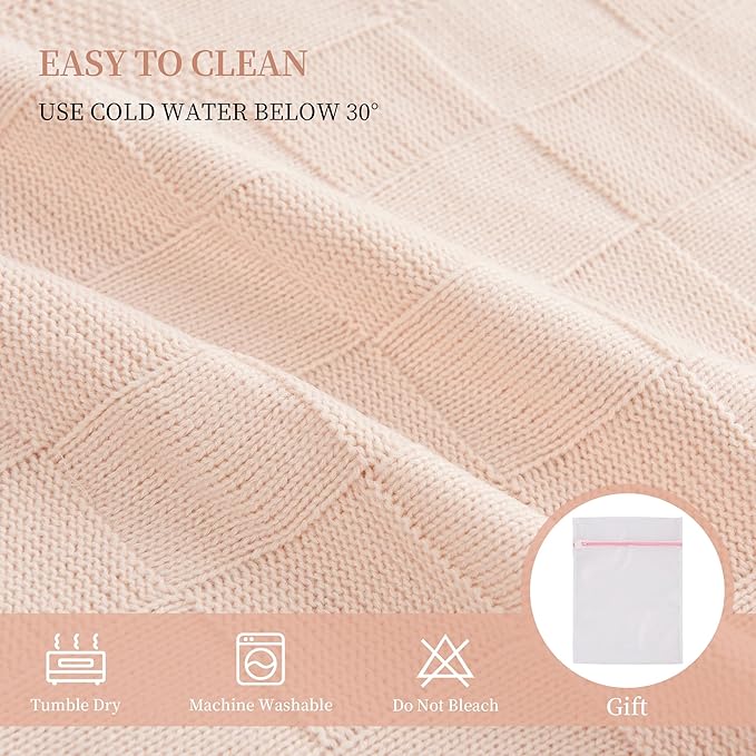 Aganear Knit Throw Blanket for Couch, Checkered Cable Knitted Throw Blanket for All Seasons, Soft Cozy Lightweight Knit Blanket for Bed Office Travel Boho Pink Decor (50"x60", Cream)