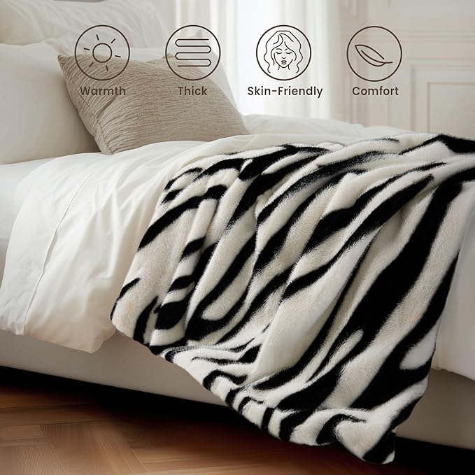 Luxury Faux Fur Heated Blanket Electric Throw - Zebra Print Ultra Soft Thick Warm Heated Blanket, 6 Heating Levels & 12 Hours Auto-Off, ETL Certified, Washable, Luxurious Gifts, 50''x60''