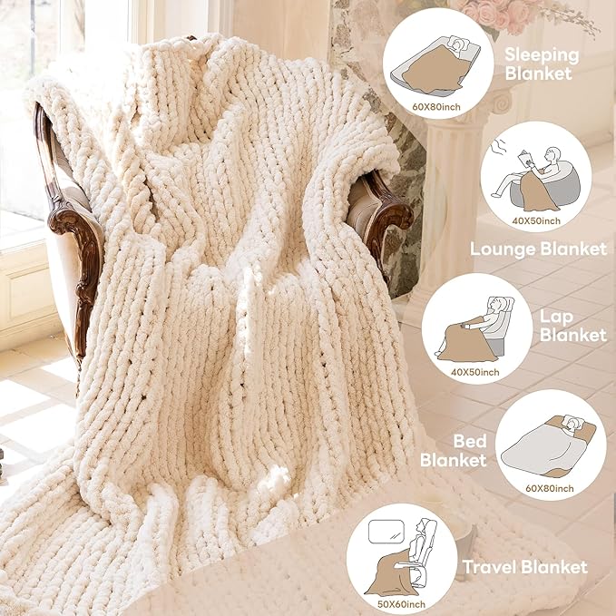 Chunky Knit Blanket - Luxury Soft Cozy King Size(60 * 80) Throw Blanket,100% Woven Blanket Rope Knot Throw Blanket for Couch, Sofa, Home Decor, Gift - Machine Washable(Cream)