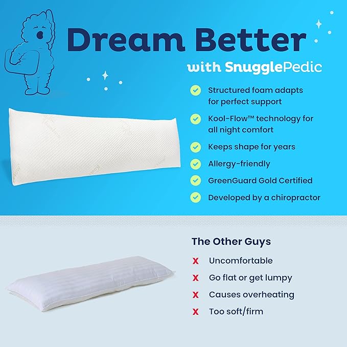 Snuggle-Pedic Body Pillow for Adults - Breathable, Full Body Pillow for Side Sleepers - Shredded Memory Foam Gel - Cooling Long Pillow Supports Legs, Belly & HIPS - 20x54 White