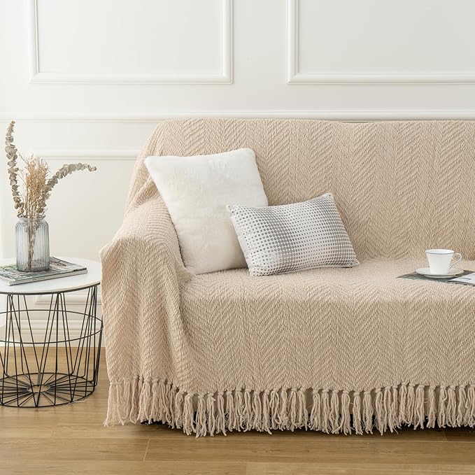 BATTILO HOME Beige Throw Blanket for Couch, Knitted Beige Blanket for Bed, Neutral Throw Blanket Warm Decorative Tan Throw Blankets for Sofa Living Room, 50" x 60"