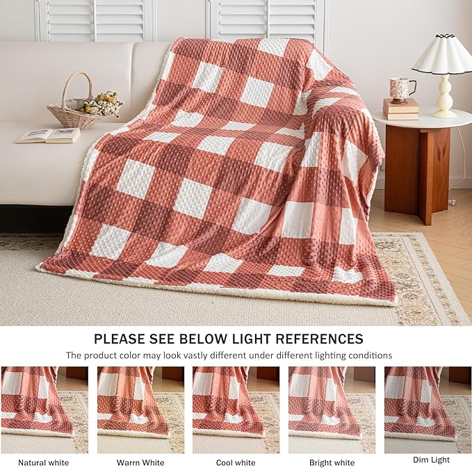 PU MEI Sherpa Blanket Fleece Throw Blanket Full Queen Plaid Thick Bed Blanket, Soft Warm Cozy Orange Checkered Throw Blanket 80"*90"