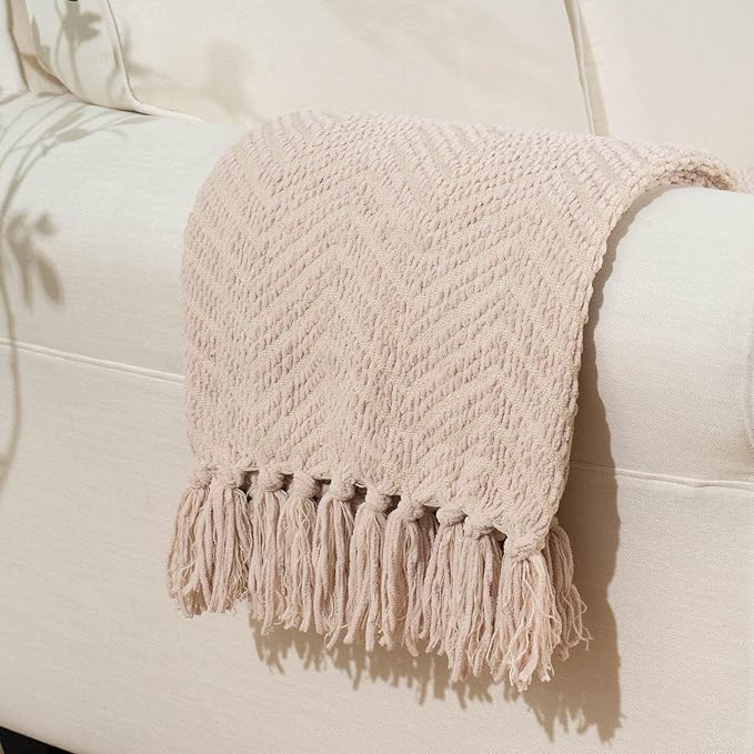 BATTILO HOME Beige Throw Blankets for Couch, Knitted Tan Throw Blanket for Twin Bed, Super Soft Warm Large Throws for Home Decor, 60" x 80"