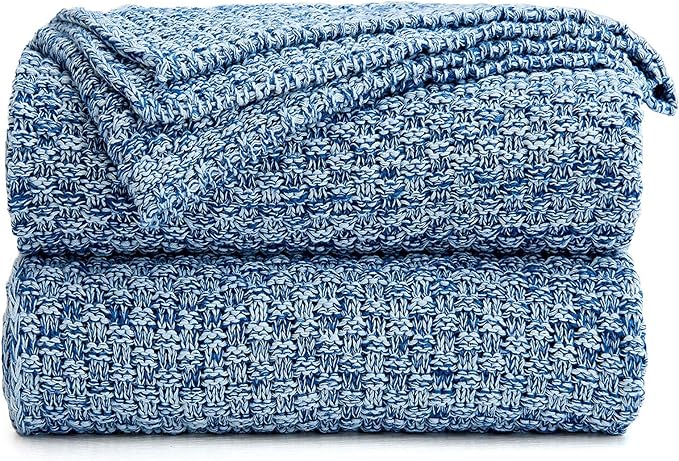 Longhui bedding Blue Knitted Throw Blanket for Couch, Soft, Cozy Machine Washable 100% Cotton Sofa Knit Blankets, 60 x 80 Inches Oversized, Blue and White Color, Laundry Bag Included