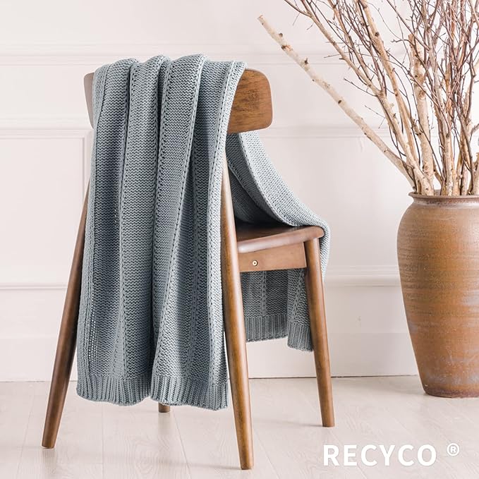 RECYCO Cable Knit Light Grey Throw Blanket Twin Size for Couch, Super Soft Warm Cozy Decorative Knitted Throw Blanket 3.6LB for Bed, Sofa, Chair Large 60"x80"