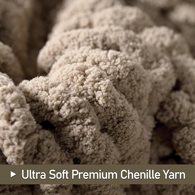 Chunky Knit Throw Blanket 50"X 60", 100% Handmade with Soft Chenille Yarn, 4.4lbs Thick Cable Knitted Blankets, Large Rope Knot Crochet Throws for Couch Sofa Bed Home Decor, Taupe