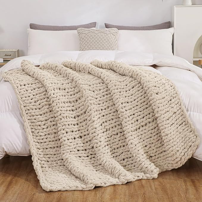 WESHIONGOO Chunky Knit Blanket Throw Knitted Throw Blankets for Couch Bed Fluffy Soft Blanket with Jumbo Chenille Yarn Thick 100% Handmade (Linen, 50"×60")