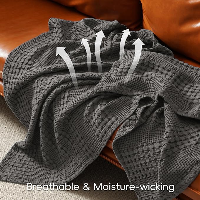 PHF 100% Cotton Waffle Weave Throw Blanket, Soft Lightweight Breathable Cozy Summer Throws for Couch Bed Sofa, Luxury Aesthetic Woven Blanket for Home Decor & Office, 50"x60", Charcoal Grey