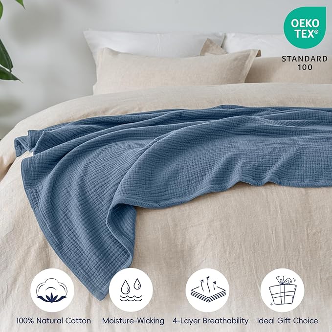 PHF 100% Cotton Muslin Throw Blanket Large 50" x 70", 4-Layer Lightweight and Breathable for Summer, Luxuriously Soft Gauze Throws for Couch, Natural Minimalism Style, Ideal Gift, Captain's Blue