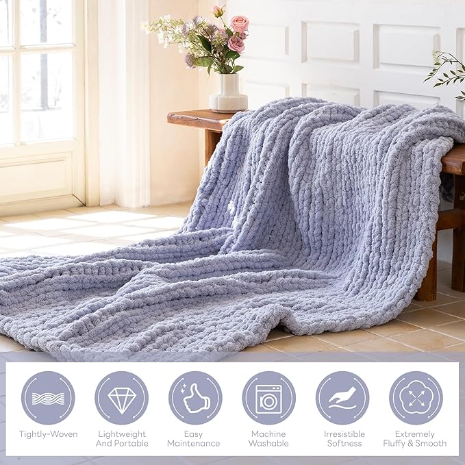 Chunky Knit Blanket - Luxury Soft Cozy Queen Size(50 * 60) Throw Blanket,100% Woven Blanket Rope Knot Throw Blanket for Couch, Sofa, Home Decor, Gift - Machine Washable(Grey)