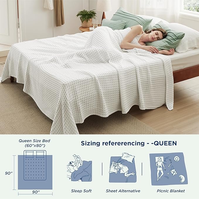Bedsure Cooling Cotton Waffle Queen Size Blanket - Lightweight Summer Blanket of Rayon Derived from Bamboo for Hot Sleepers, Luxury Throws for Bed, Couch and Sofa, Forest Green, 90x90 Inches