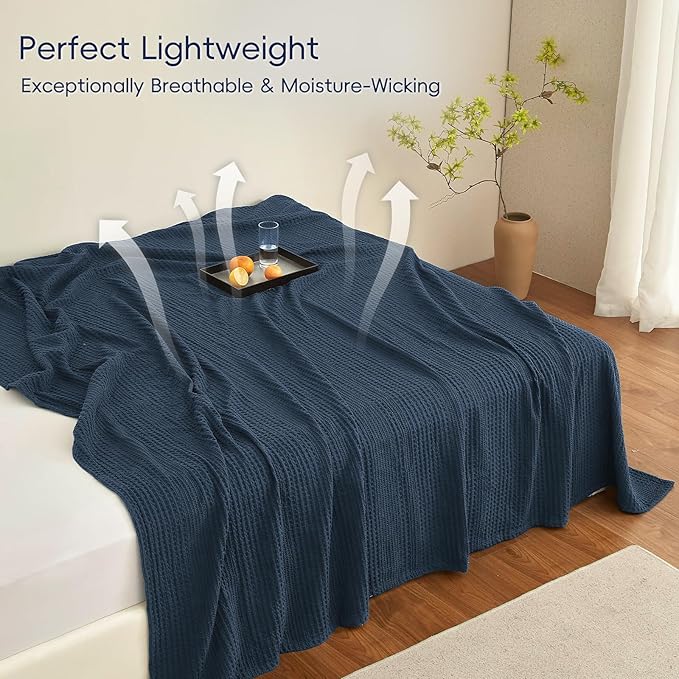PHF Lightweight Waffle Weave Blanket Twin Size, Breathable & Ultra Soft, 66"x 90" Soft & Cozy Thin Blanket, Perfect for Summer & Hot Sleepers, Bed, Home Decor - Navy Blue