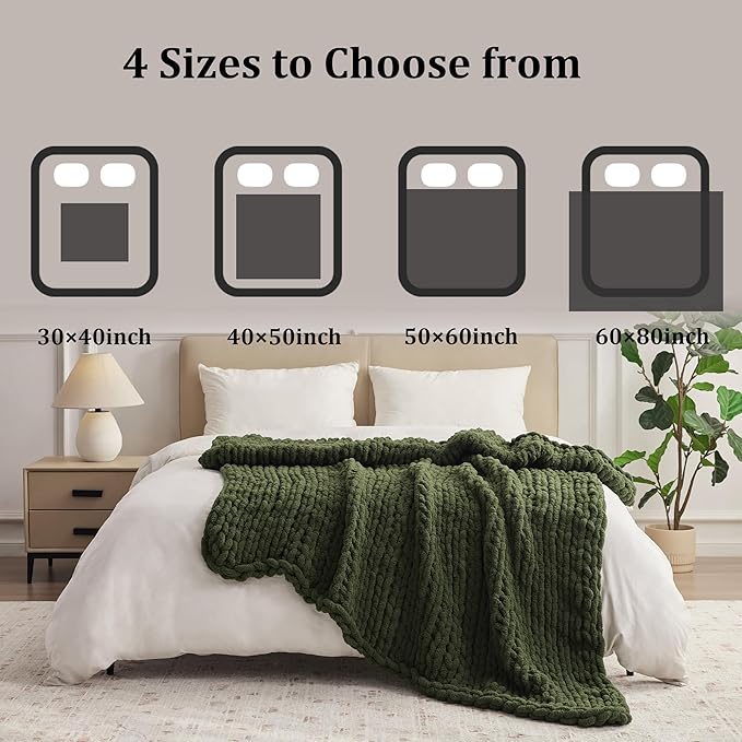 Green Throw Blanket, 30" x 40" Chunky Knit Blanket, Handmade Warm & Soft Chenille Throw Blanket, Washable Decorative Knit Blanket with Jumbo Chenille Yarn for Couch Bed Sofa