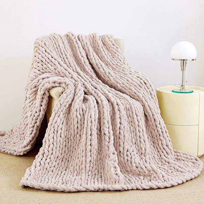 Admitrack Chunky Knit Blanket Throw, 100% Hand Knit Chenille Throw Blanket for Sofa & Home Decor, Soft and Cozy Knitted Throw Blankets (Pink,51"x63")