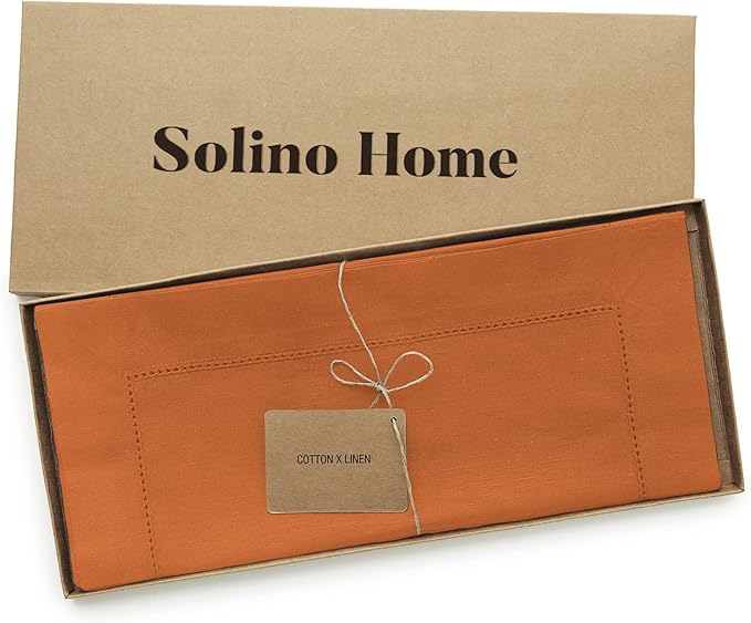 Solino Home Cotton Linen Table Runner 36 Inches - Pumpkin Hemstitch Table Runner 14 x 36 Inch Ideal for Dresser and Coffee Tables - Fall, Autumn, Halloween