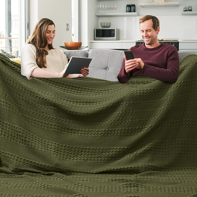 PHF 100% Cotton Waffle Blanket Oversized King 120"x120", Lightweight Breathable Extra Large 10'x10' Summer Blankets for Bed, Giant Big Luxury Aesthetic Woven Bedding for Home Decor, Capulet Olive