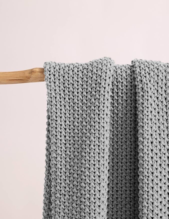 Chunky Cotton Knit Throw Blanket, Light Weight Cable Knit Throws for Bed Couch Sofa, Comfy & Relaxing, Decorative Piece for Farmhouse Rustic Scandinavian Chic Vibe, Silver Grey 50x60 Inches