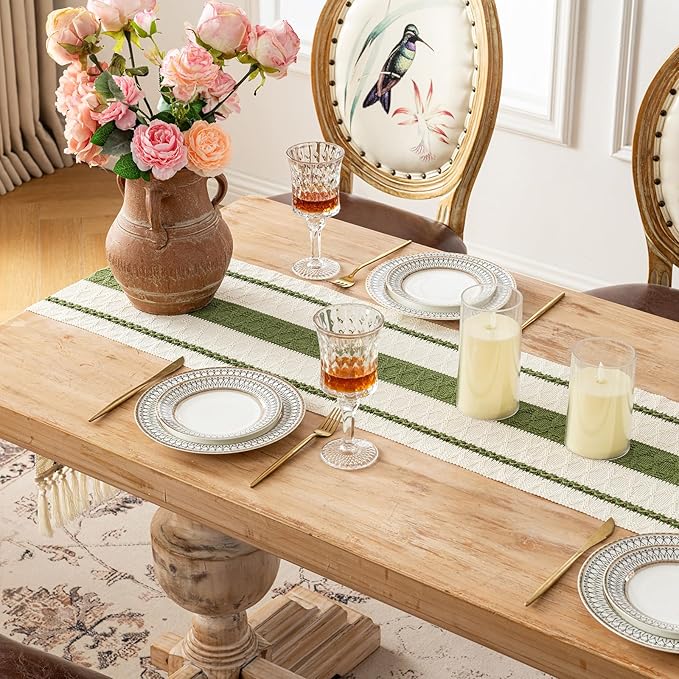 Fancy Homi Moss Green Table Runner 60 Inches Long Boho Macrame Table Runner for Home Decor, Farmhouse Table Runners with Tassels for Party Bohemian Rustic Bridal Shower Dining Decor 12x60 Inches