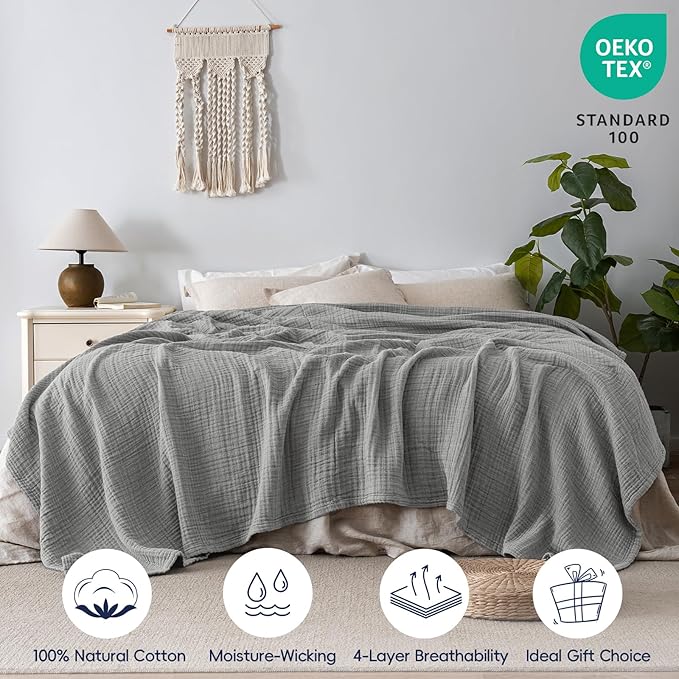 PHF 100% Cotton Muslin Blanket Queen Size 90" x 90", 4-Layer Lightweight and Breathable Blanket for Summer, Luxuriously Soft Gauze Bedding for Bed, Natural Minimalism Style, Ideal Gift, Grey