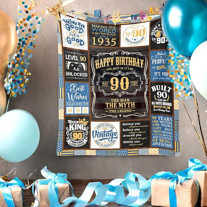 90th Birthday Blanket 60 x 50 inch - 90th Birthday Gifts for Men - 90 Year Old Birthday Gifts for Men - Best Gifts for 90 Year Old Man - 1935 Birthday Gifts - 90 th Birthday Gift Ideas