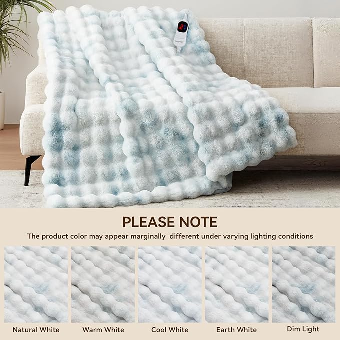 Heated Blanket Throw with 1/2/4/6/8 Hours Auto-Off 10 Heat Level, 72'' * 84'' Cozy Faux Rabbit Fur Bubble Electric Blanket with Overheat Protection(Blue)