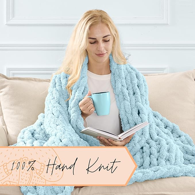 Adyrescia Chunky Knit Blanket Throw | 100% Hand Knit with Jumbo Chenille Yarn (50"x60", Light Blue)