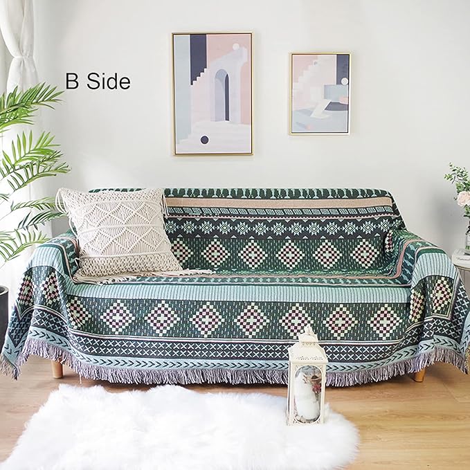 Luxlovery Beige and Purple Bohemian Sofa Throw Blankets Ethnic Woven Boho Geometric Multicolor Throw Blanket for Couch Aztec Bed Throws Oversized Chair Sofa Cover with Tassels(63"x86")