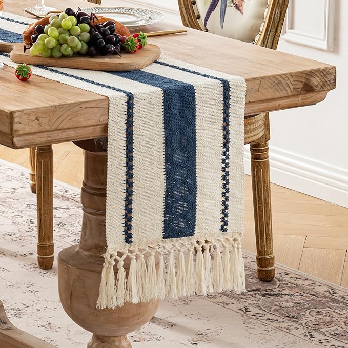 Fancy Homi Dusty Blue Table Runner 48 Inches Long Boho Macrame Table Runner for Home Decor, Farmhouse Table Runners with Tassels for Party Bohemian Rustic Bridal Shower Dining Decor 12x48 Inches