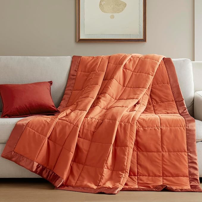 Madison Park Twin Blanket Quilted Microfiber, Satin Binding, 3M Scotchgard Moisture Wicking Treatment, Soft and Lightweight Summer Blanket for Couch, Windom, Twin, Orange